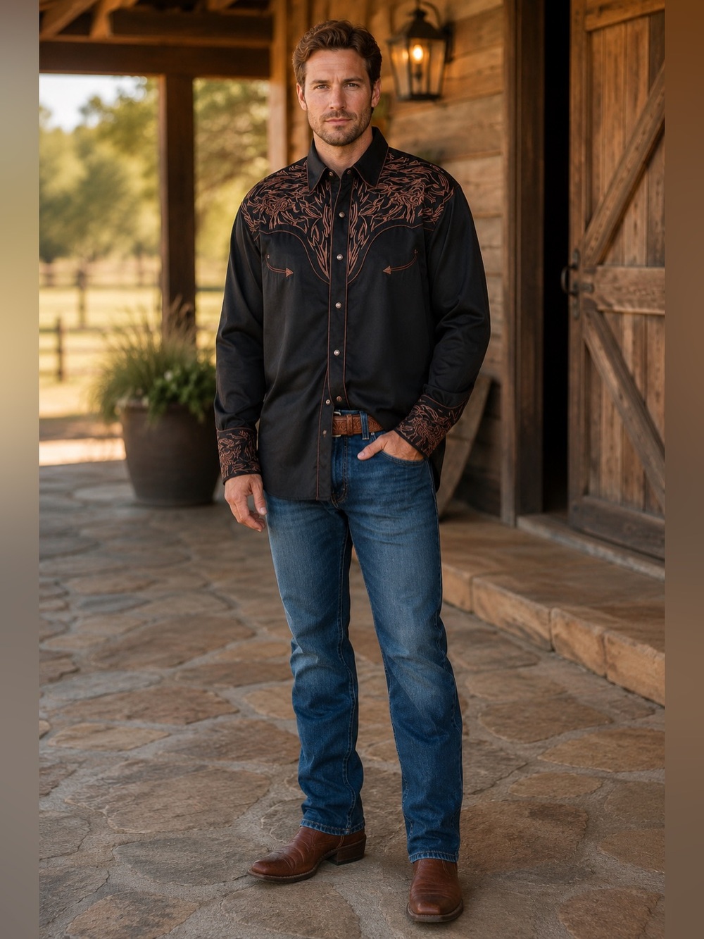 SCULLY Men’s Embroidered Western Shirt Black & Rust Size Large